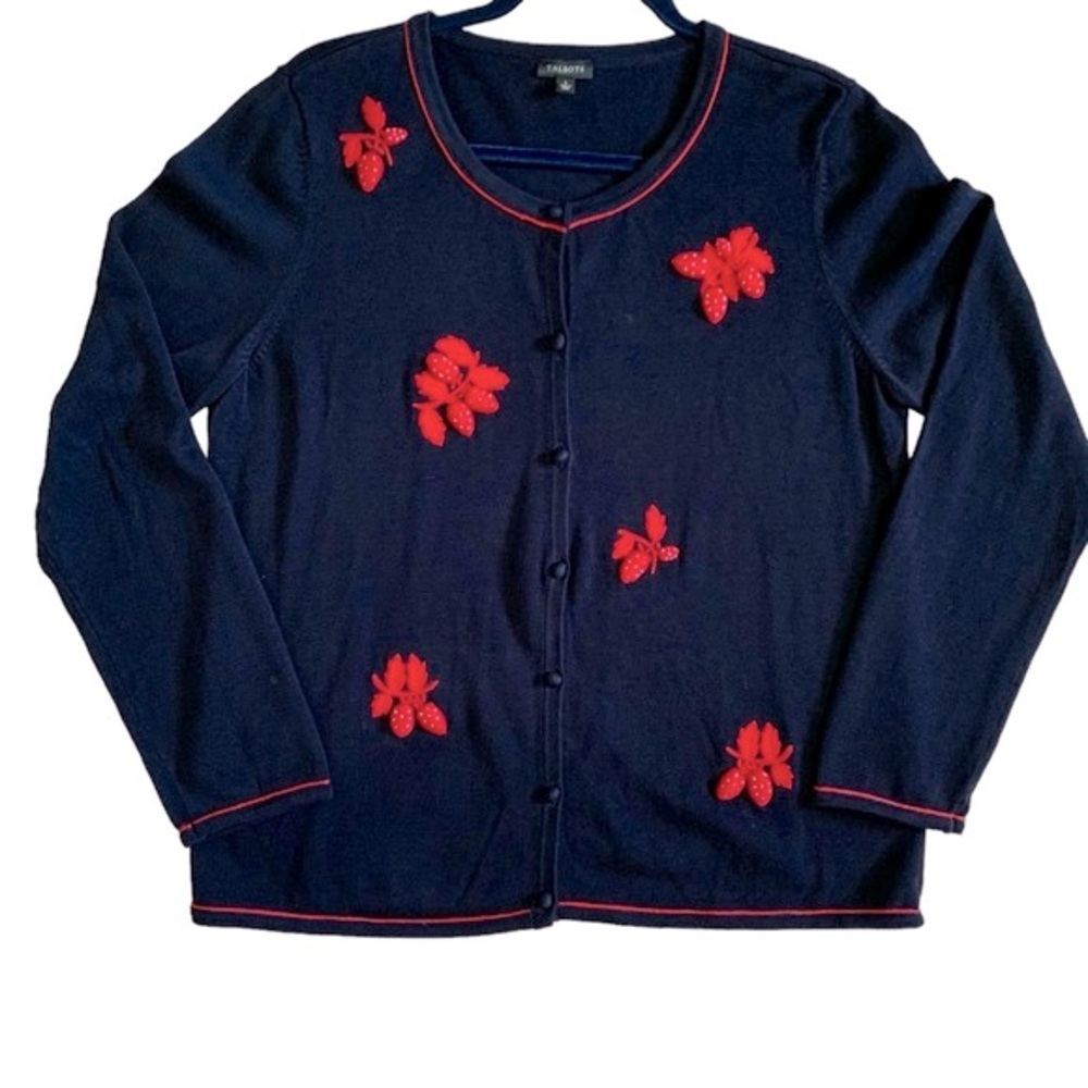 Talbots Strawberry Embroidered Cardigan Size Large
